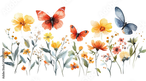 Watercolor floral composition with butterflies, perfect for eco-branding and wedding stationery isolated on transparent background 