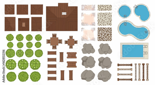 Top View Collection of Garden Elements and Architectural Details for Landscape Design and Recreation Areas