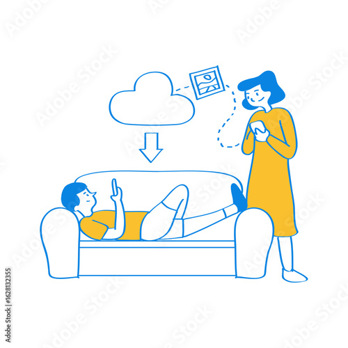 Download Upload. People sharing photos and data via cloud technology isolated on transparent background.
