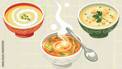 Three bowls of soup with different garnishes and a spoon on a table with a checkered tablecloth