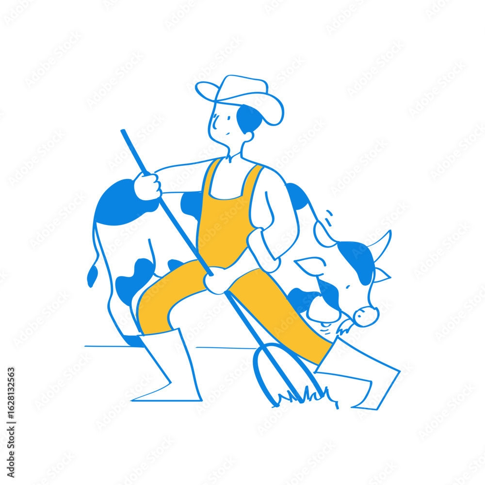 Fototapeta premium Dairy Farmer. Farmer with cow and pitchfork isolated on transparent background.