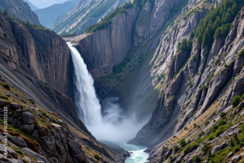 when glaciers carve deep valleys leaving steep rock faces rivers flowing over these faces form waterfalls as water drops vertically into lower basins.