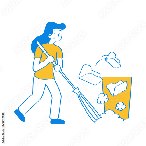 Delete File. Woman sweeping debris into a dustpan and trash can isolated on transparent background.