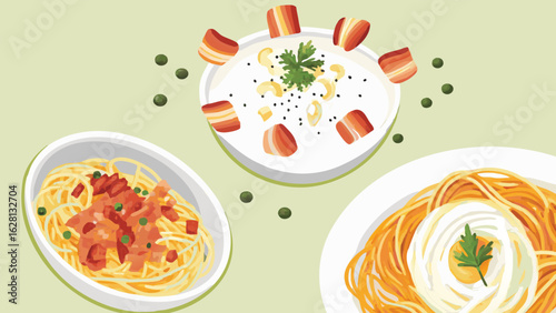 Overhead view of three pasta dishes with different sauces and toppings on a light green background
