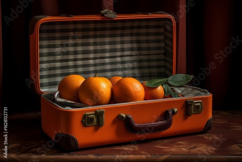 Orange suitcase with oranges. Fruits in suitcase.