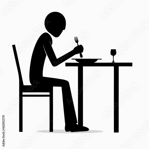 Silhouette of a person sitting at a table eating a meal with a fork and a glass of wine