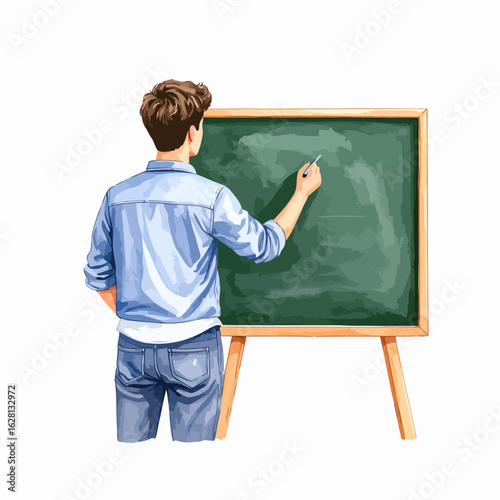 Rear view of a young man in a blue denim shirt writing on a green chalkboard with a wooden frame.