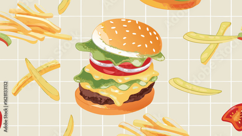 Illustration of a burger with french fries and tomato slices on a checkered background pattern