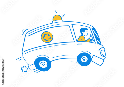 Ambulance Driver. Cartoon ambulance with driver and medical symbol isolated on transparent background.