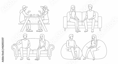 People sitting together in casual settings like a picnic table a sofa and beanbag chairs in a simple line art style