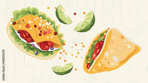 Two tacos with lettuce, tomatoes, and lime wedges on a white tiled surface in a bright and cheerful setting