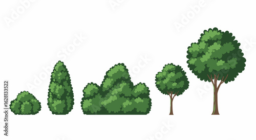 Collection of Pixel Art Trees and Bushes with Different Shapes and Sizes
