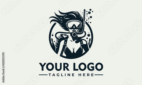 Vintage logo design of a female scuba diver in a circular frame.