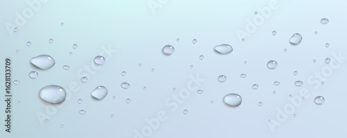 Rain transparent drops flow down the glass.Realistic wet condensation texture.Fresh water splash effect on the surface.Liquid spreading droplet shapes.
