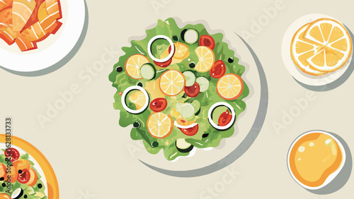 Overhead view of salads with lettuce, tomatoes, lemons, onion rings and dressing on plates shown