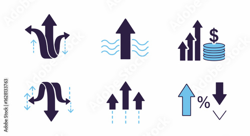 Collection of upward and downward financial trends arrows and growth symbols with money and percentage indicators