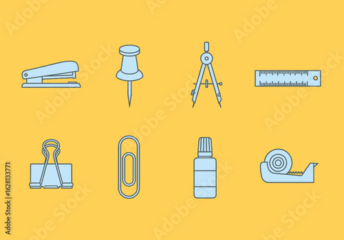 Collection of light blue office and school supplies icons arranged neatly on a yellow background