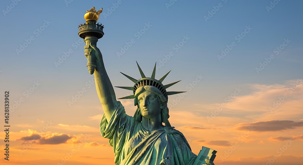 Fototapeta premium The Statue of Liberty in New York City with its golden torch glowing against a beautiful sunset sky, a powerful symbol of freedom.