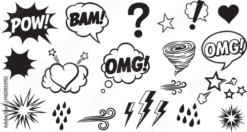 Collection of comic book style sound effects and symbols isolated on transparent background
