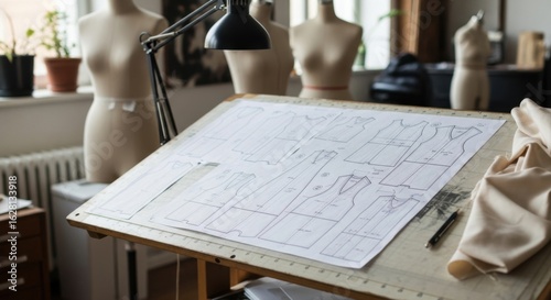 Fashion Design Studio with Mannequins and Technical Sketches in Bright Workspace