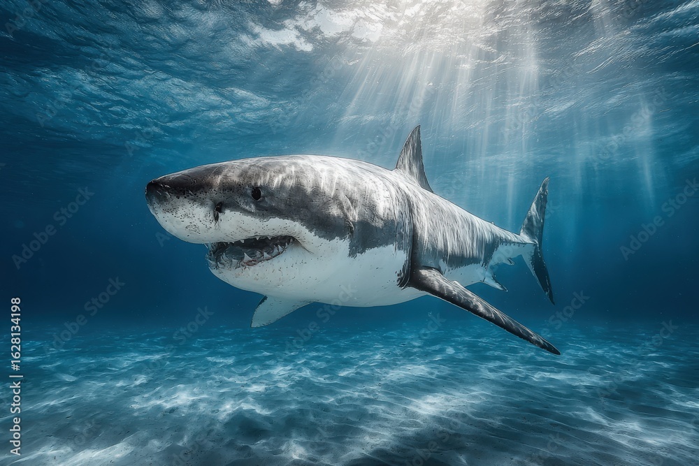 Fototapeta premium Great White Shark Underwater Sunlight Rays and Blue Water