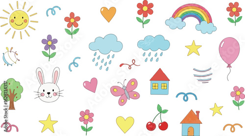 Collection of cute cartoon elements for children s designs isolated on transparent background