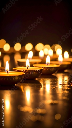 Row of warm golden candles, soft bokeh