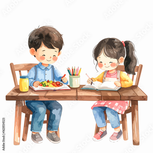 Two happy children enjoying a meal and drawing at a wooden table