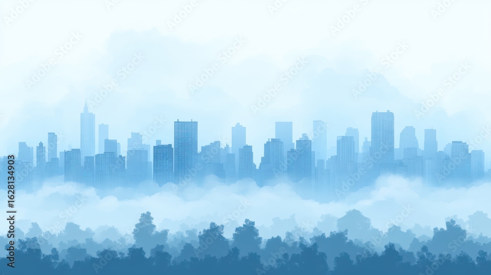 Naklejka premium Misty city skyline, morning fog, urban landscape, peaceful background, ideal for travel brochures