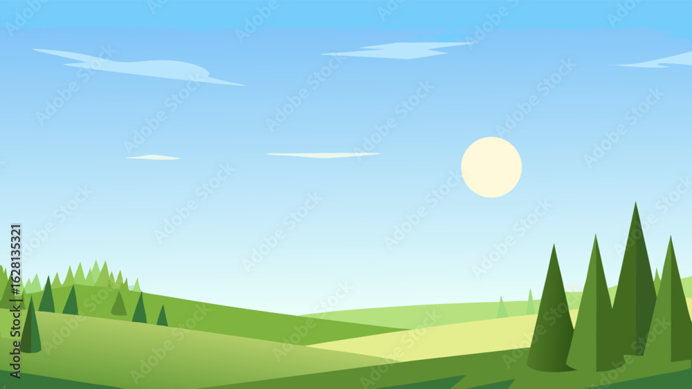 Obraz premium Flat design landscape with rolling green hills pine trees and a bright sun in a blue sky