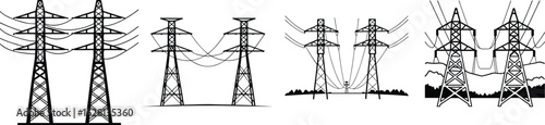 High Voltage Transmission Tower Vector Set. Electric Power Line Pylon Silhouette Collection.