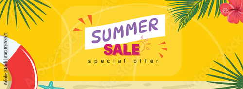 Summer sale, sunny design, palm, flower, beach, lifering, bright yellow, discount, vacation, trend banner