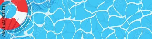 Blue pool background with white waterlines, red and white lifebuoy, holiday poster, fresh summertime illustration