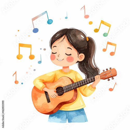 Cute Girl Playing Acoustic Guitar with Closed Eyes, Watercolor Style