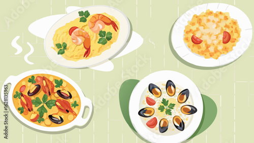 Overhead view of four plates showcasing various seafood dishes on a light green background color