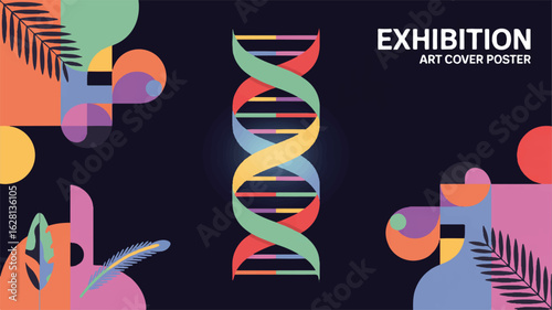 Colorful abstract geometric shapes and D N A helix on dark background with text blue circle