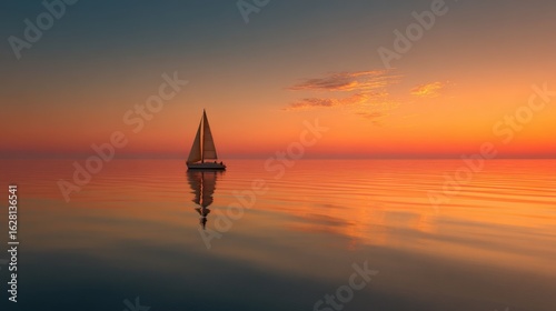 A lone sailboat drifting on a glassy sea at sunset, warm hues reflecting off the water, absolute stillness and peace