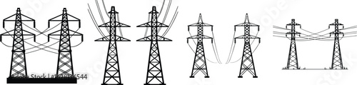 High Voltage Transmission Tower Vector Set. Electric Power Line Pylon Silhouette Collection.