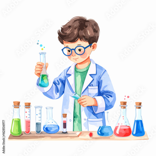 Young boy in blue glasses conducting science experiment with colorful liquids in beakers