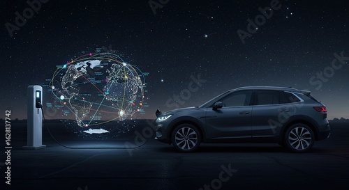 Electric vehicle charging at station with global network connection concept