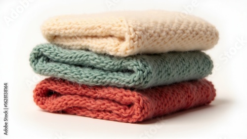 A stack of three neatly folded, hand-knitted blankets exhibits cozy warmth and soft textures.