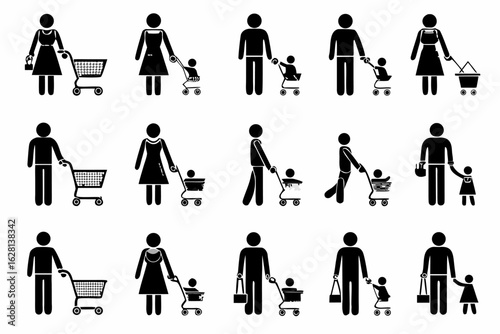 Diverse stick figure families shopping together with children in carts and parents pushing trolleys