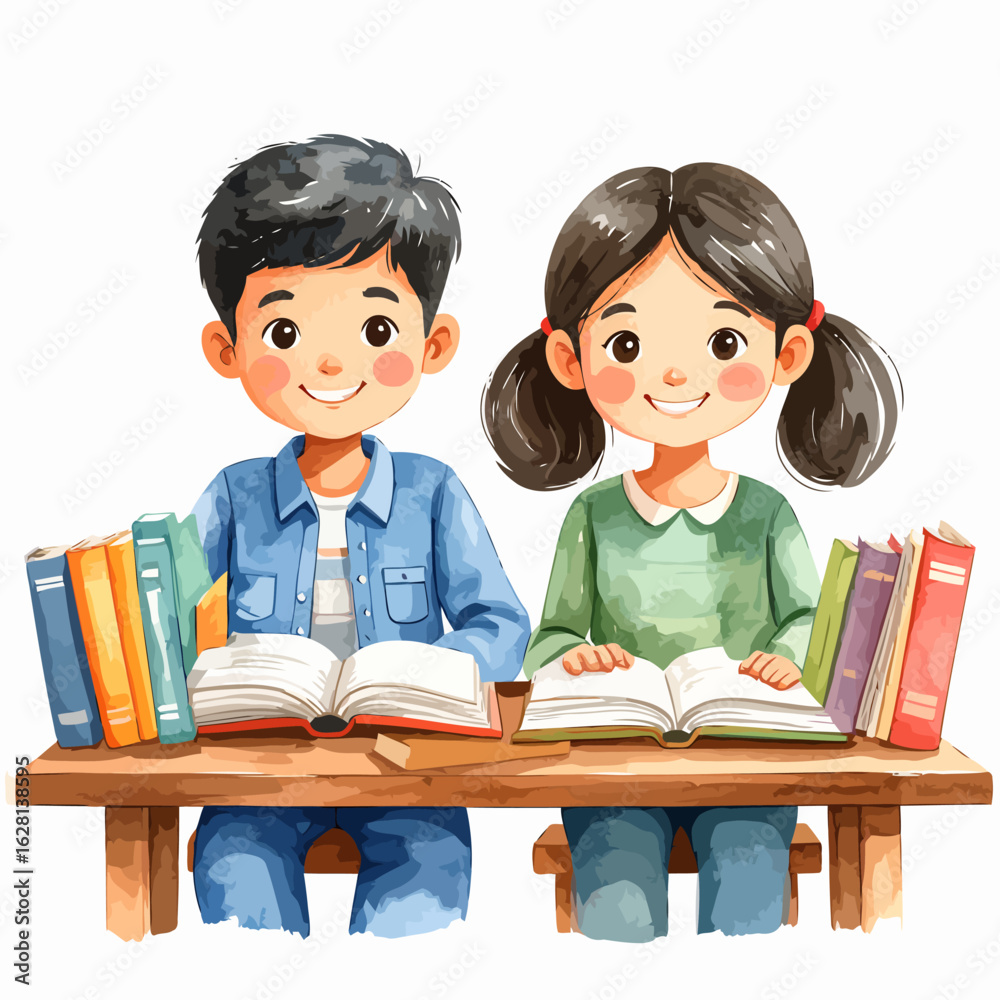 Smiling Boy and Girl Students Reading Books at Wooden Desk, Watercolor Illustration Style Smiling Boy and Girl Students Reading Books at Wooden Desk, Watercolor Illustration Style