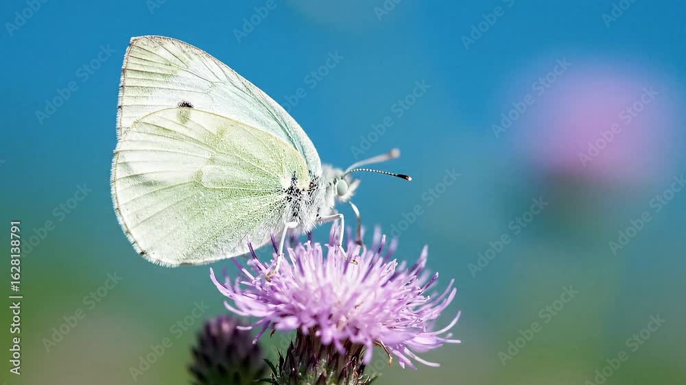 A white butterfly with detailed wings sits atop a vibrant purple thistle flower against a blurred blue background A white butterfly with detailed wings sits atop a vibrant purple thistle flower against a blurred blue background