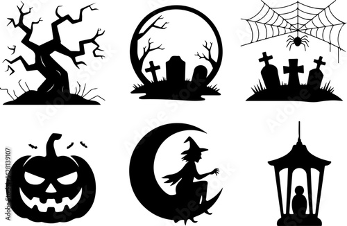 Halloween silhouettes Haunted Branch Graveyard Moon Pumpkin Lantern Glow Witch on Moon Ghostly Lantern Spider Web Glow