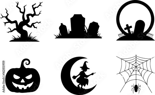 Halloween silhouettes Haunted Branch Graveyard Moon Pumpkin Lantern Glow Witch on Moon Ghostly Lantern Spider Web Glow