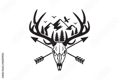 deer skull mountain silhouette  vector