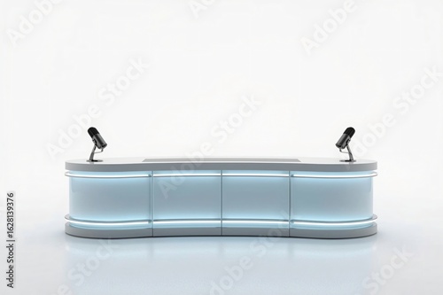 Modern studio news desk, lit, white backdrop, broadcast