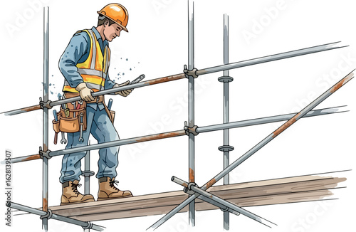 water colour illustration of a Construction worker on scaffolding in isolated on white background