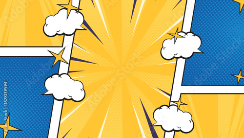 Yellow and Blue comic pop art style background with style panels and cloud